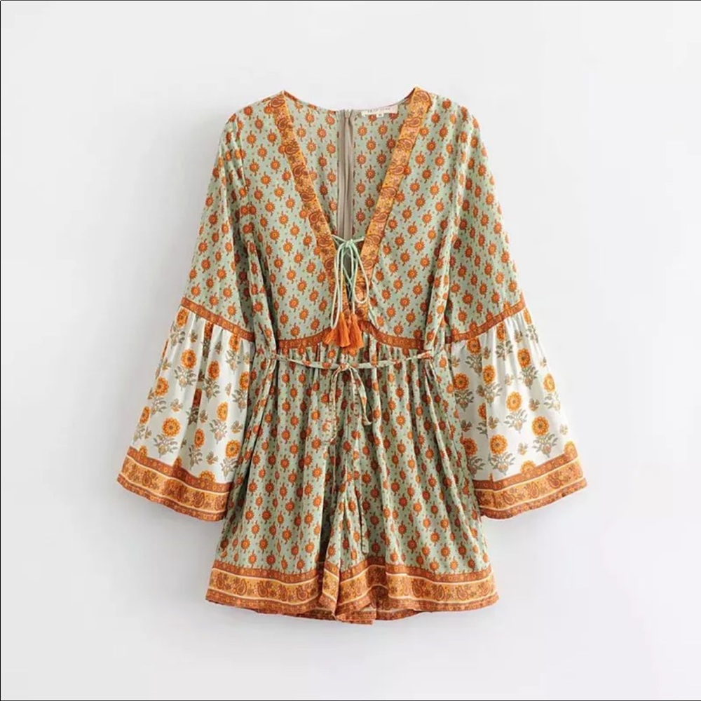 Boho Chic Green & Orange Floral Print Romper
